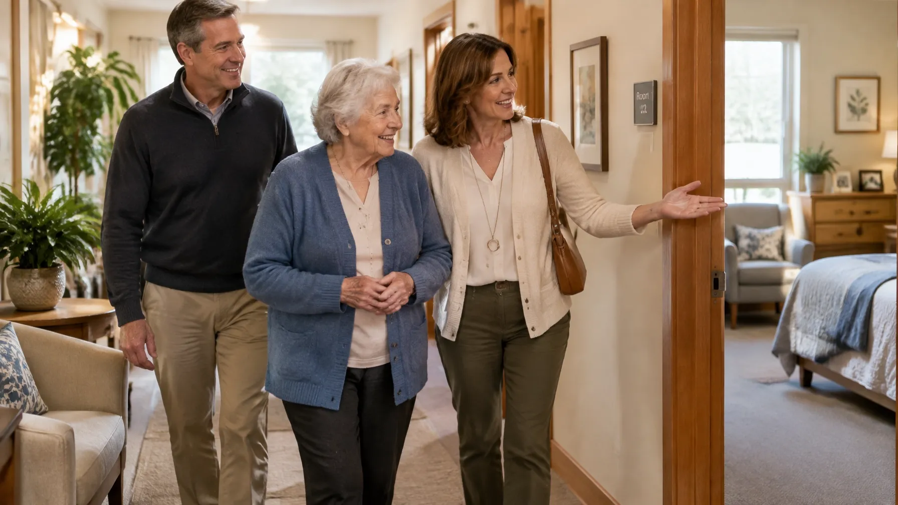 A senior woman touring Pine Needle with her adult children, smiling as they look through a bright resident room together